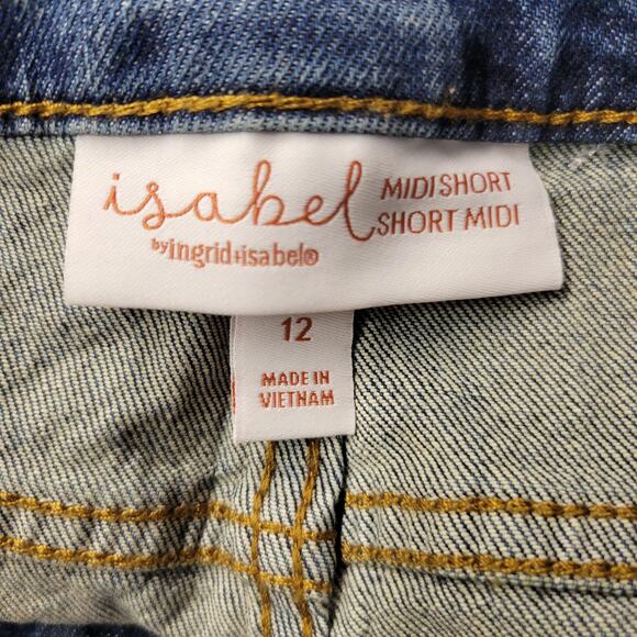 Isabel Maternity Shorts Womens 12 Blue Denim Midi Short Stretch Panel Fair Trade - Picture 2 of 13